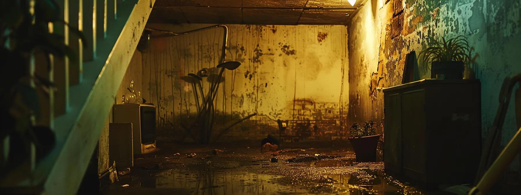a dimly lit basement reveals damp walls and evident water stains, highlighting a crucial waterproofing system designed to protect and preserve property value.