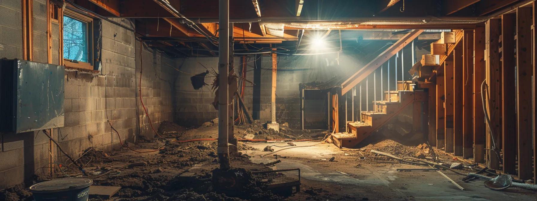 a dimly lit basement showcases visibly damaged walls and weakened structural supports, emphasizing the critical importance of waterproofing to prevent further deterioration and maintain safety.