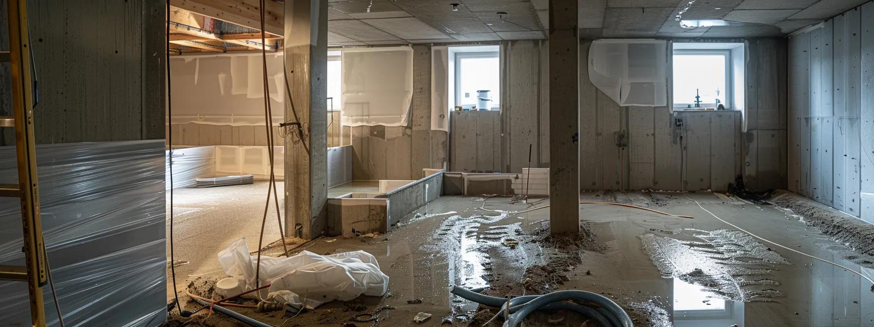 a detailed view of a modern, well-lit basement undergoing professional waterproofing work, showcasing advanced equipment and protective materials, emphasizing the commitment to thoroughness and quality in the renovation process.