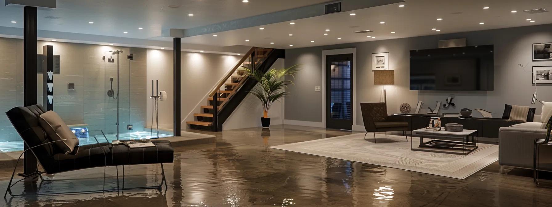 a modern, well-lit basement showcasing professionally installed waterproofing solutions with sleek, finished walls and visible waterproofing technology, conveying a sense of security and dryness in a youngstown home.