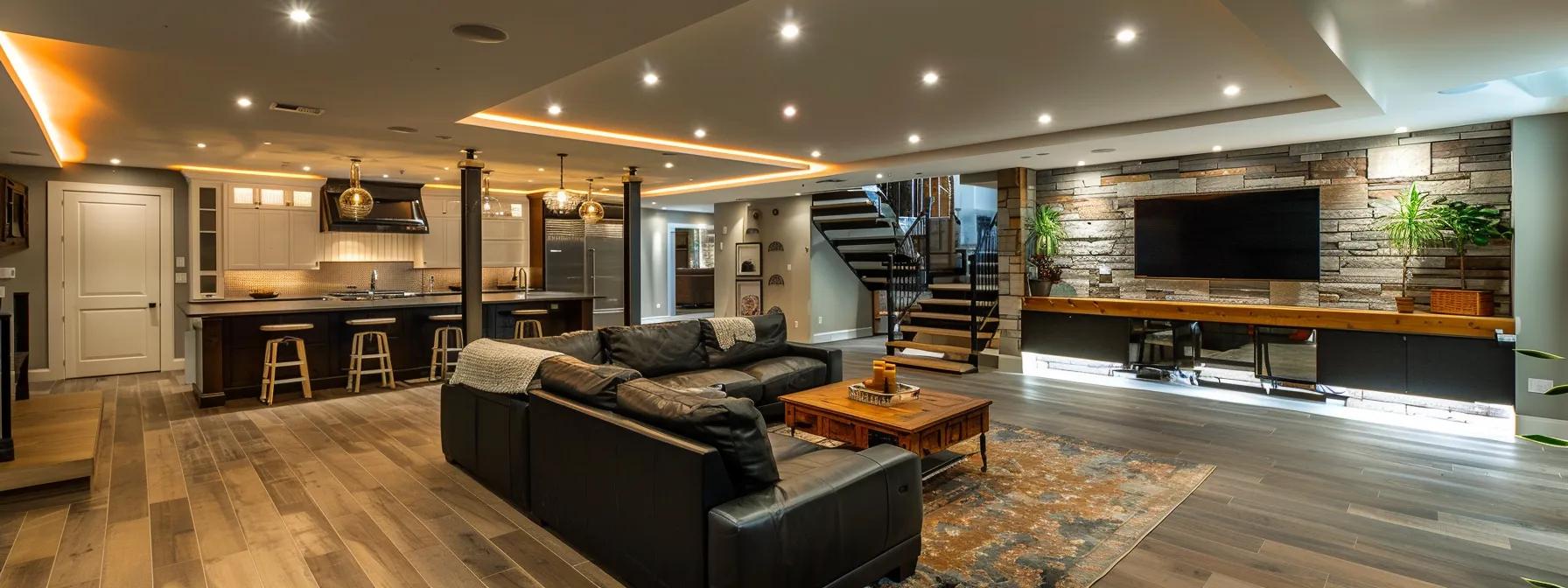 an expertly designed basement with advanced waterproofing systems visible, showcasing sleek, modern technology in action, illuminated by bright, focused overhead lighting that highlights the craftsmanship and commitment to quality.