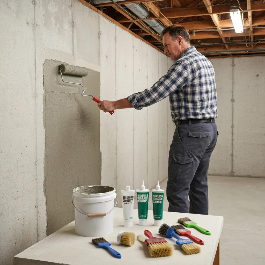 Various DIY basement waterproofing supplies laid out on a workbench