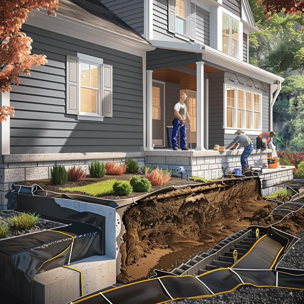 Exterior waterproofing solutions with French drain installation and membrane application