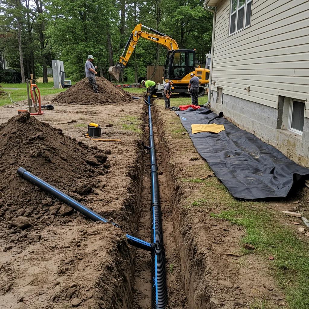 Workers installing an exterior drainage system around a house, highlighting excavation and drainage pipes